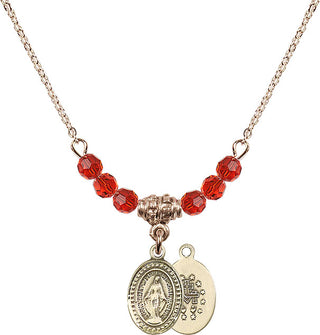 18" Hamilton Gold Plated Necklace with 4mm Ruby Crystal Beads featuring a 14kt Gold Filled Miraculous Medal.