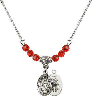 18" Rhodium Plated Necklace with 4mm Ruby Crystal Beads featuring a Sterling Silver Miraculous Medal.