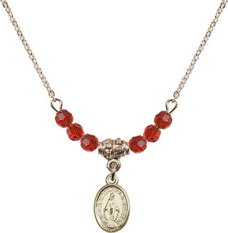 18" Hamilton Gold Plated Necklace with 4mm Ruby Crystal Beads featuring a 14kt Gold Filled Miraculous Medal.