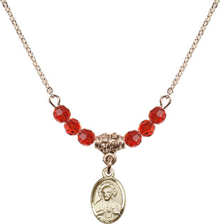 18" Hamilton Gold Plated Necklace with 4mm Ruby Crystal Beads featuring a 14kt Gold Filled Scapular Medal.