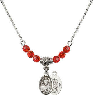 18" Rhodium Plated Necklace with 4mm Ruby Crystal Beads featuring a Sterling Silver Scapular Medal.