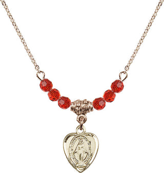 18" Hamilton Gold Plated Necklace with 4mm Ruby Crystal Beads featuring a 14kt Gold Filled Miraculous Medal.