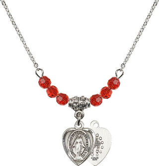 18" Rhodium Plated Necklace with 4mm Ruby Crystal Beads featuring a Sterling Silver Miraculous Medal.
