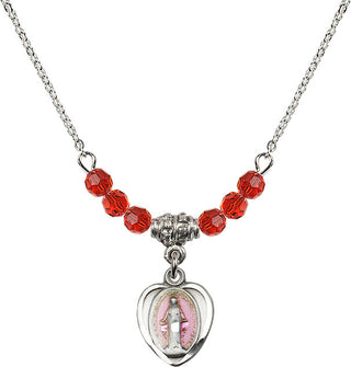 18" Rhodium Plated Necklace with 4mm Ruby Crystal Beads featuring a Sterling Silver Miraculous Medal.