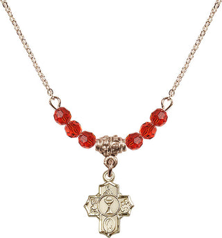 18" Hamilton Gold Plated Necklace with 4mm Ruby Crystal Beads featuring a 14kt Gold Filled Communion 5-Way Medal.