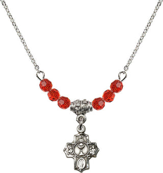 18" Rhodium Plated Necklace with 4mm Ruby Crystal Beads featuring a Sterling Silver Communion 5-Way Medal.