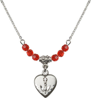 18" Rhodium Plated Necklace with 4mm Ruby Crystal Beads featuring a Sterling Silver Heart / Confirmation Medal.