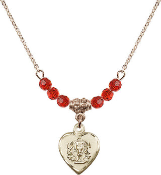 18" Hamilton Gold Plated Necklace with 4mm Ruby Crystal Beads featuring a 14kt Gold Filled Heart / Communion Medal.