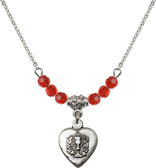 18" Rhodium Plated Necklace with 4mm Ruby Crystal Beads featuring a Sterling Silver Heart / Communion Medal.