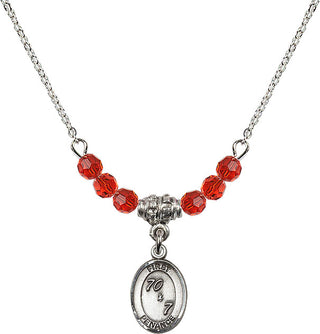 18" Rhodium Plated Necklace with 4mm Ruby Crystal Beads featuring a Sterling Silver First Penance Medal.