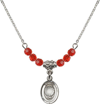 18" Rhodium Plated Necklace with 4mm Ruby Crystal Beads featuring a Sterling Silver Baptism Medal.