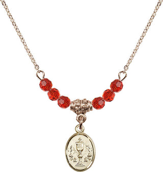 18" Hamilton Gold Plated Necklace with 4mm Ruby Crystal Beads featuring a 14kt Gold Filled Chalice Medal.