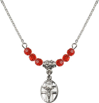 18" Rhodium Plated Necklace with 4mm Ruby Crystal Beads featuring a Sterling Silver Crucifix Medal.