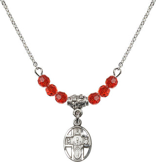 18" Rhodium Plated Necklace with 4mm Ruby Crystal Beads featuring a Sterling Silver 5-Way / Chalice Medal.