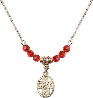 18" Hamilton Gold Plated Necklace with 4mm Ruby Crystal Beads featuring a 14kt Gold Filled 5-Way Medal.