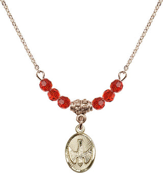 18" Hamilton Gold Plated Necklace with 4mm Ruby Crystal Beads featuring a 14kt Gold Filled Holy Spirit Medal.