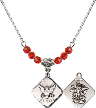 18" Rhodium Plated Necklace with 4mm Ruby Crystal Beads featuring a Sterling Silver Navy Diamond Medal.