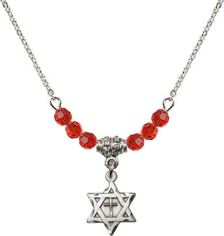 18" Rhodium Plated Necklace with 4mm Ruby Crystal Beads featuring a Sterling Silver Star of David with Cross Medal.
