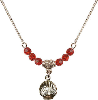18" Hamilton Gold Plated Necklace with 4mm Ruby Crystal Beads featuring a 14kt Gold Filled Shell Medal.