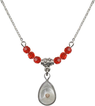 18" Rhodium Plated Necklace with 4mm Ruby Crystal Beads featuring a Sterling Silver Mustard Seed Medal.