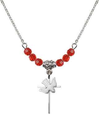 18" Rhodium Plated Necklace with 4mm Ruby Crystal Beads featuring a Sterling Silver Cross / Holy Spirit Medal.