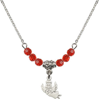 18" Rhodium Plated Necklace with 4mm Ruby Crystal Beads featuring a Sterling Silver Guardian Angel Medal.