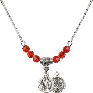 18" Rhodium Plated Necklace with 4mm Ruby Crystal Beads featuring a Sterling Silver Saint Benedict Medal.