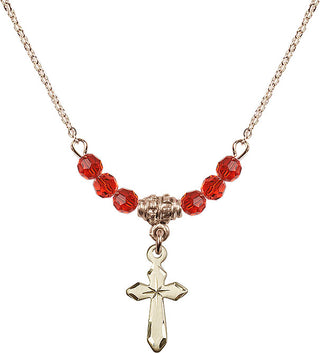 18" Hamilton Gold Plated Necklace with 4mm Ruby Crystal Beads featuring a 14kt Gold Filled Cross Medal.
