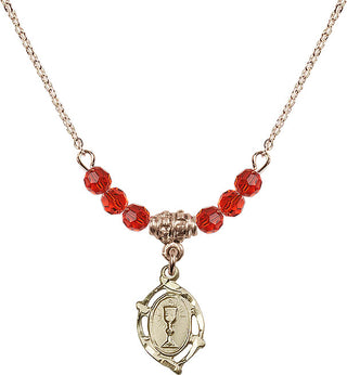 18" Hamilton Gold Plated Necklace with 4mm Ruby Crystal Beads featuring a 14kt Gold Filled Communion Medal.