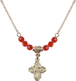 18" Hamilton Gold Plated Necklace with 4mm Ruby Crystal Beads featuring a 14kt Gold Filled 4-Way Medal.
