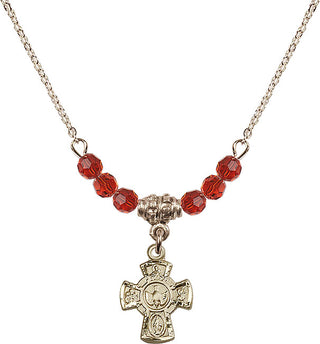 18" Hamilton Gold Plated Necklace with 4mm Ruby Crystal Beads featuring a 14kt Gold Filled 5-Way Medal.