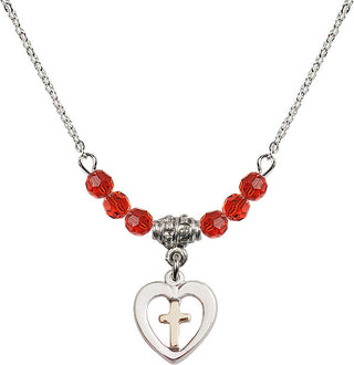 18" Rhodium Plated Necklace with 4mm Ruby Crystal Beads featuring a Gold Filled / Sterling Silver Heart / Cross Medal.