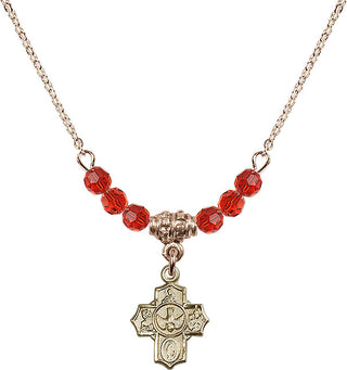 18" Hamilton Gold Plated Necklace with 4mm Ruby Crystal Beads featuring a 14kt Gold Filled 5-Way Medal.
