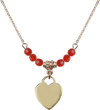 18" Hamilton Gold Plated Necklace with 4mm Ruby Crystal Beads featuring a 14kt Gold Filled Heart Medal. Engraved Catholic Saint Jewelry
