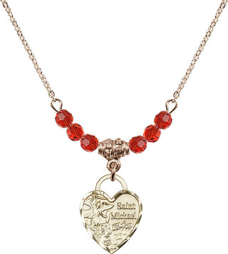 18" Hamilton Gold Plated Necklace with 4mm Ruby Crystal Beads featuring a 14kt Gold Filled Saint Michael Heart Medal. Engraved Catholic Saint Jewelry