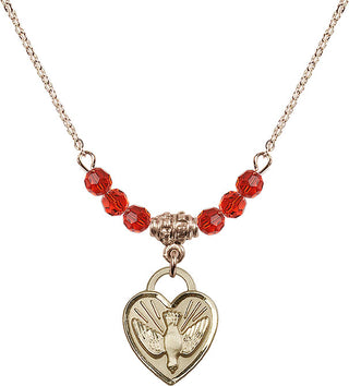 18" Hamilton Gold Plated Necklace with 4mm Ruby Crystal Beads featuring a 14kt Gold Filled Confirmation Heart Medal. Engraved Catholic Saint Jewelry