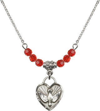 18" Rhodium Plated Necklace with 4mm Ruby Crystal Beads featuring a Sterling Silver Confirmation Heart Medal. Engraved Catholic Saint Jewelry