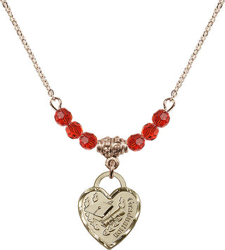 18" Hamilton Gold Plated Necklace with 4mm Ruby Crystal Beads featuring a 14kt Gold Filled Graduation Heart Medal. Engraved Catholic Saint Jewelry