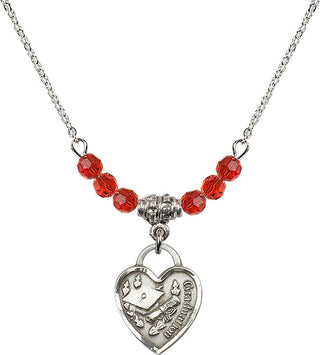 18" Rhodium Plated Necklace with 4mm Ruby Crystal Beads featuring a Sterling Silver Graduation Heart Medal. Engraved Catholic Saint Jewelry