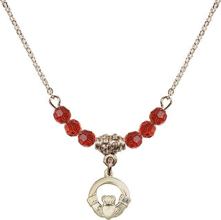 18" Hamilton Gold Plated Necklace with 4mm Ruby Crystal Beads featuring a 14kt Gold Filled Claddagh Medal.