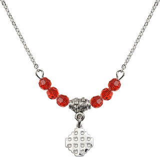 18" Rhodium Plated Necklace with 4mm Ruby Crystal Beads featuring a Sterling Silver Jerusalem Cross Medal.