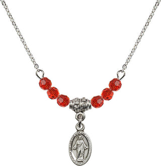 18" Rhodium Plated Necklace with 4mm Ruby Crystal Beads featuring a Sterling Silver Scapular Medal.