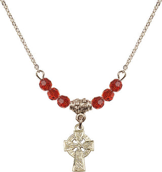 18" Hamilton Gold Plated Necklace with 4mm Ruby Crystal Beads featuring a 14kt Gold Filled Celtic Cross Medal.