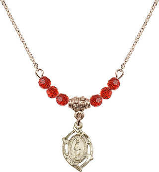 18" Hamilton Gold Plated Necklace with 4mm Ruby Crystal Beads featuring a 14kt Gold Filled Miraculous Medal.