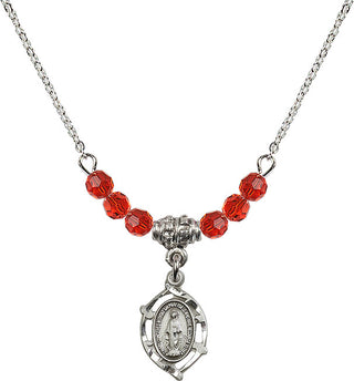 18" Rhodium Plated Necklace with 4mm Ruby Crystal Beads featuring a Sterling Silver Miraculous Medal.
