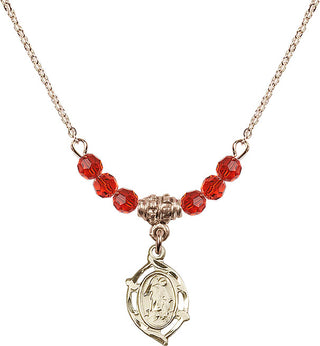 18" Hamilton Gold Plated Necklace with 4mm Ruby Crystal Beads featuring a 14kt Gold Filled Guardian Angel Medal.