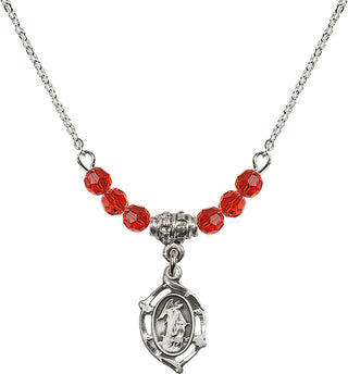 18" Rhodium Plated Necklace with 4mm Ruby Crystal Beads featuring a Sterling Silver Guardian Angel Medal.