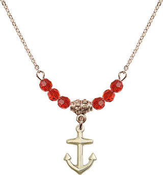 18" Hamilton Gold Plated Necklace with 4mm Ruby Crystal Beads featuring a 14kt Gold Filled Anchor Medal.