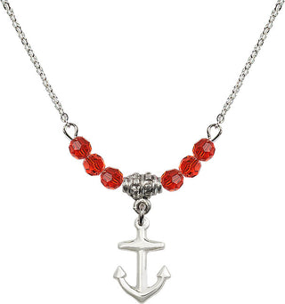 18" Rhodium Plated Necklace with 4mm Ruby Crystal Beads featuring a Sterling Silver Anchor Medal.