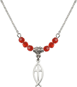 18" Rhodium Plated Necklace with 4mm Ruby Crystal Beads featuring a Sterling Silver Fish / Cross Medal.